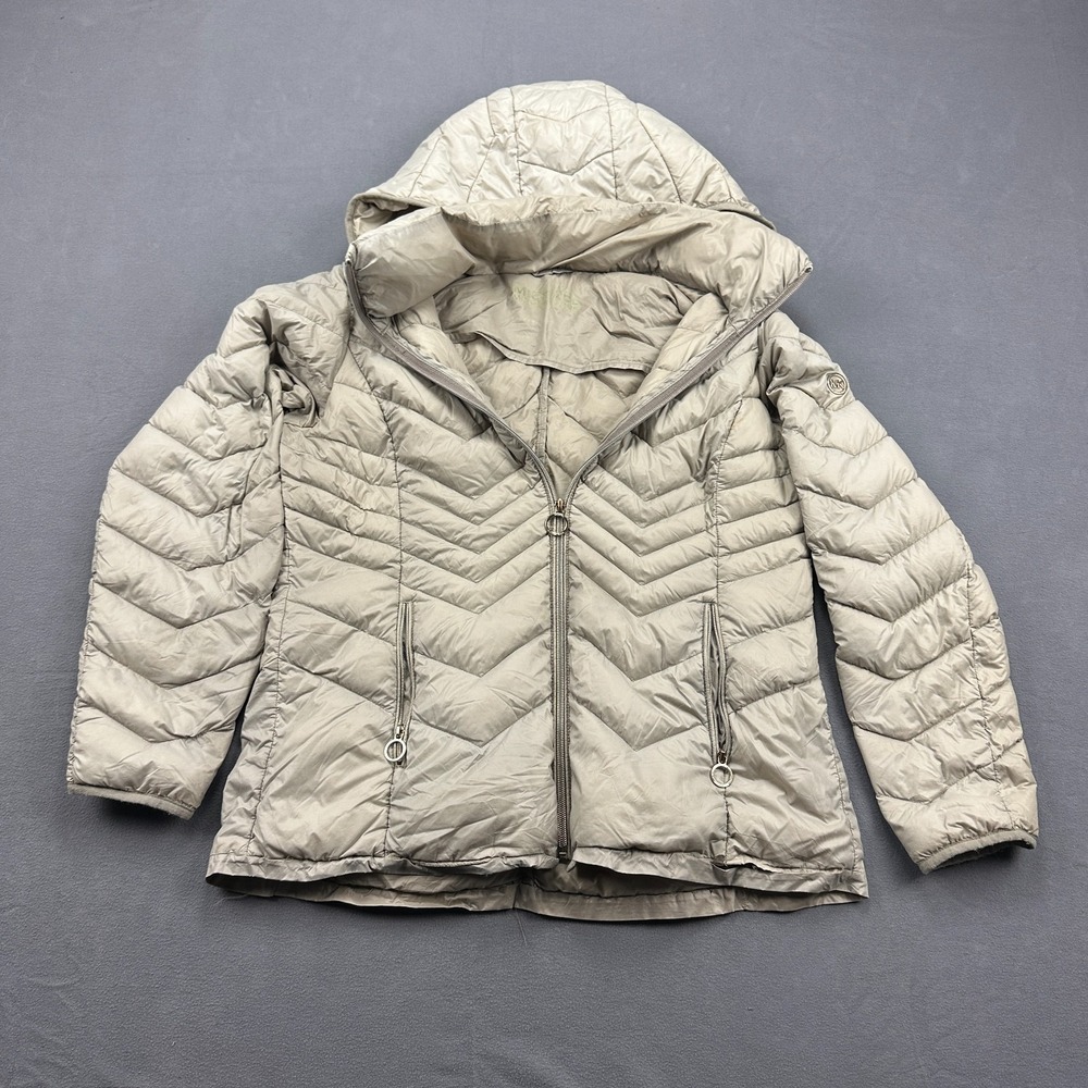 Michael Kors Packable Down Puffer Jacket Womens Large Beige Hooded Full Zip